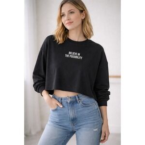 Black Cropped Graphic Sweatshirt‎ Believe In The Possibility M Casual Streetwear